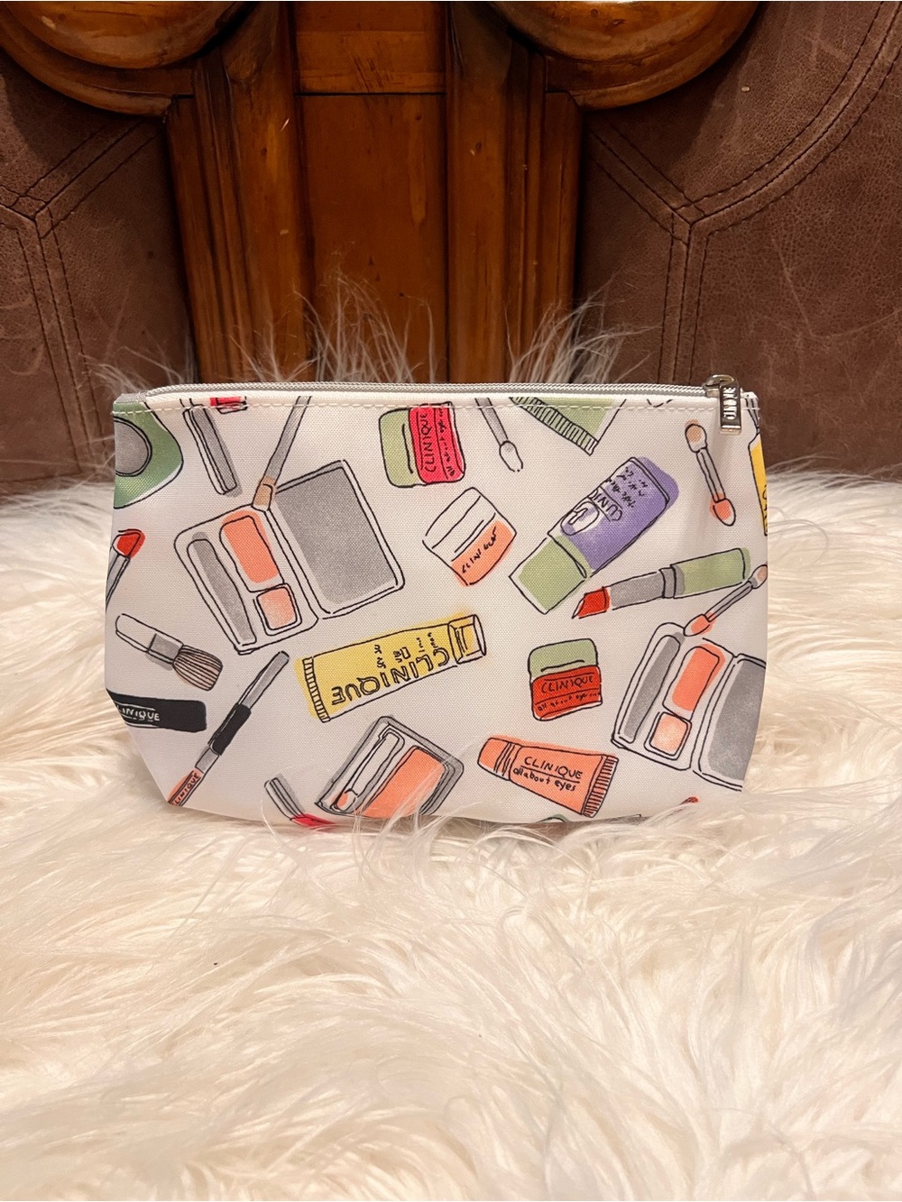 Clinique White Cosmetic Pouch with Colorful Makeup Print